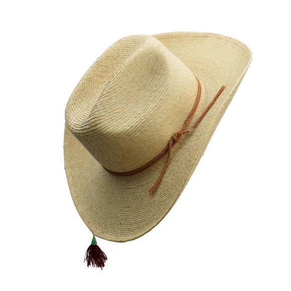 Straw Cowboy Hat Llanero Hat Cattleman Crease Palm Leaf Red Tassel Size 6 7/8